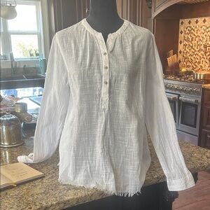 Caslon Sz L White Raw Hem Gauzy Casual Long Sleeve Tunic Shirt GUC